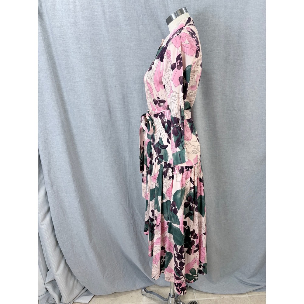 Alexis Beatrice Pink Green Floral Cotton Shirtdress Tiered High Low Midi Dress M - Picture 10 of 11